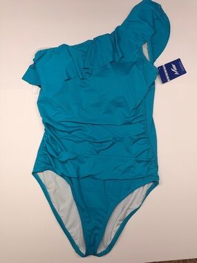 One-Shoulder Ruffle Turquoise Swimsuit